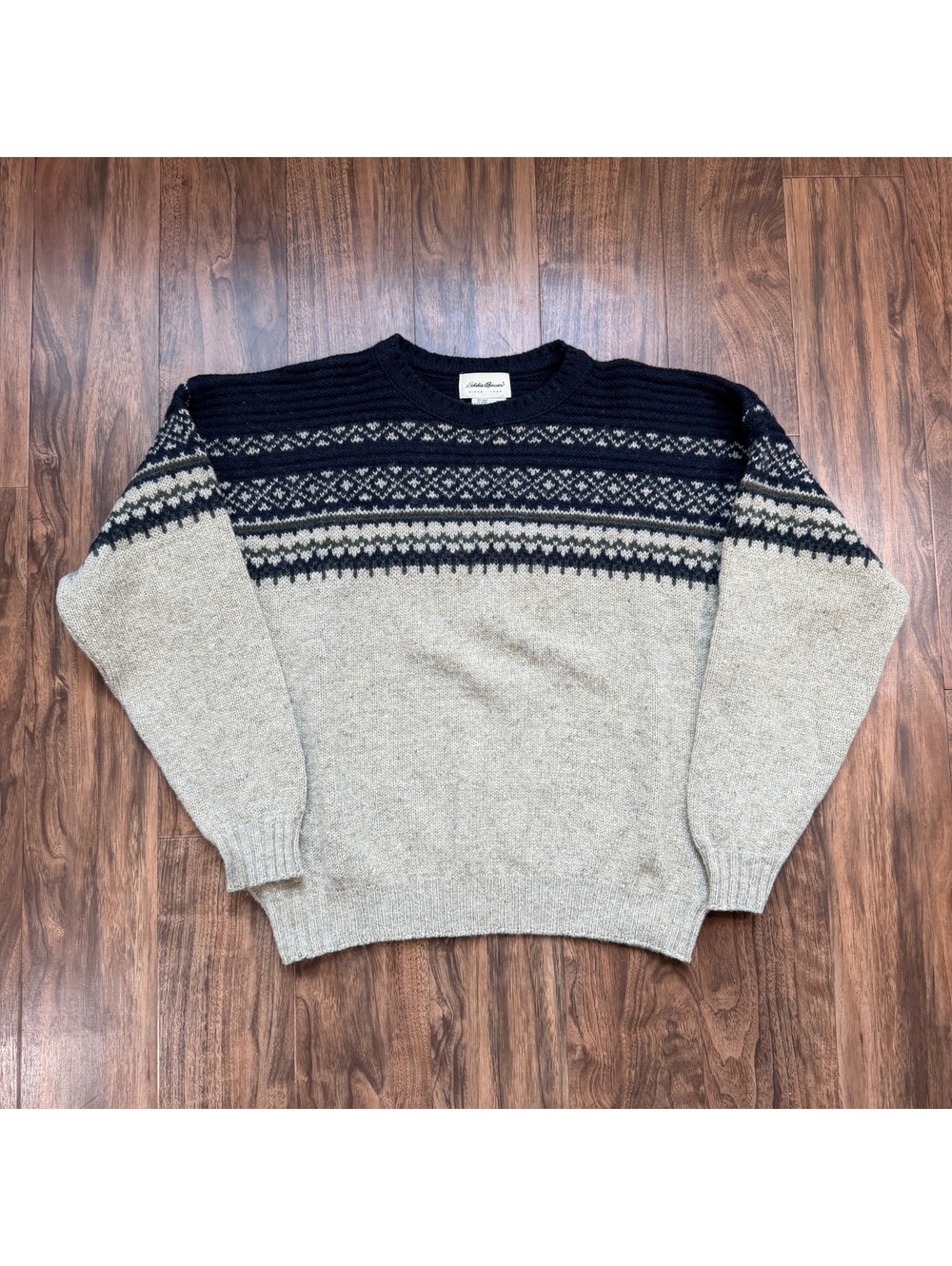 Vintage 90s Eddie Bauer USA Wool Sweater Fair Isle Knit Mens XL Navy Beige